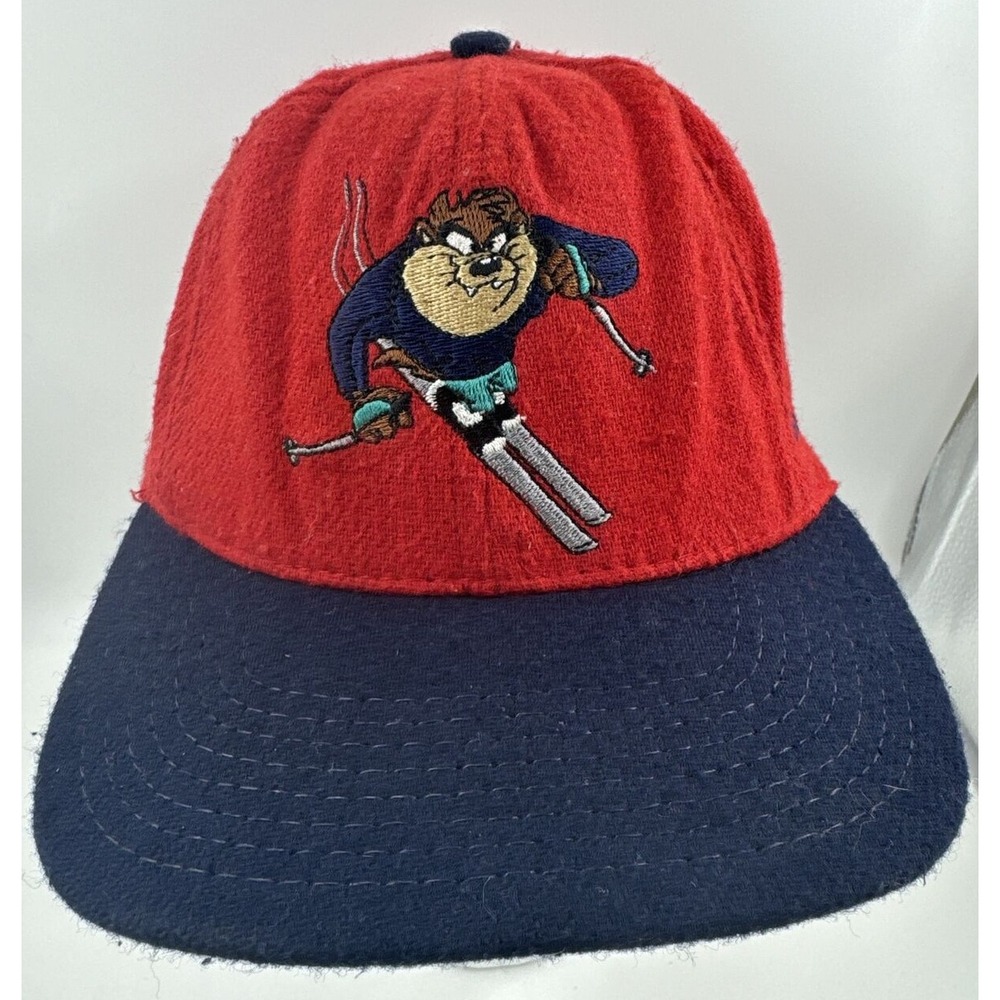 Vintage 1991 Looney Tunes Taz Tasmanian Winter Skiing Snapback Red Blue Hat 90s